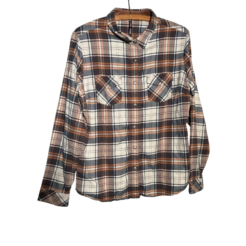 Kuhl Womens Flannel Shirt Large Brown Plaid Corduroy Trim Snap Front Long Sleeve